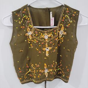 Brisa Womens Top Size‎ Xs Green Beaded Sequin Fairy Ren Faire India